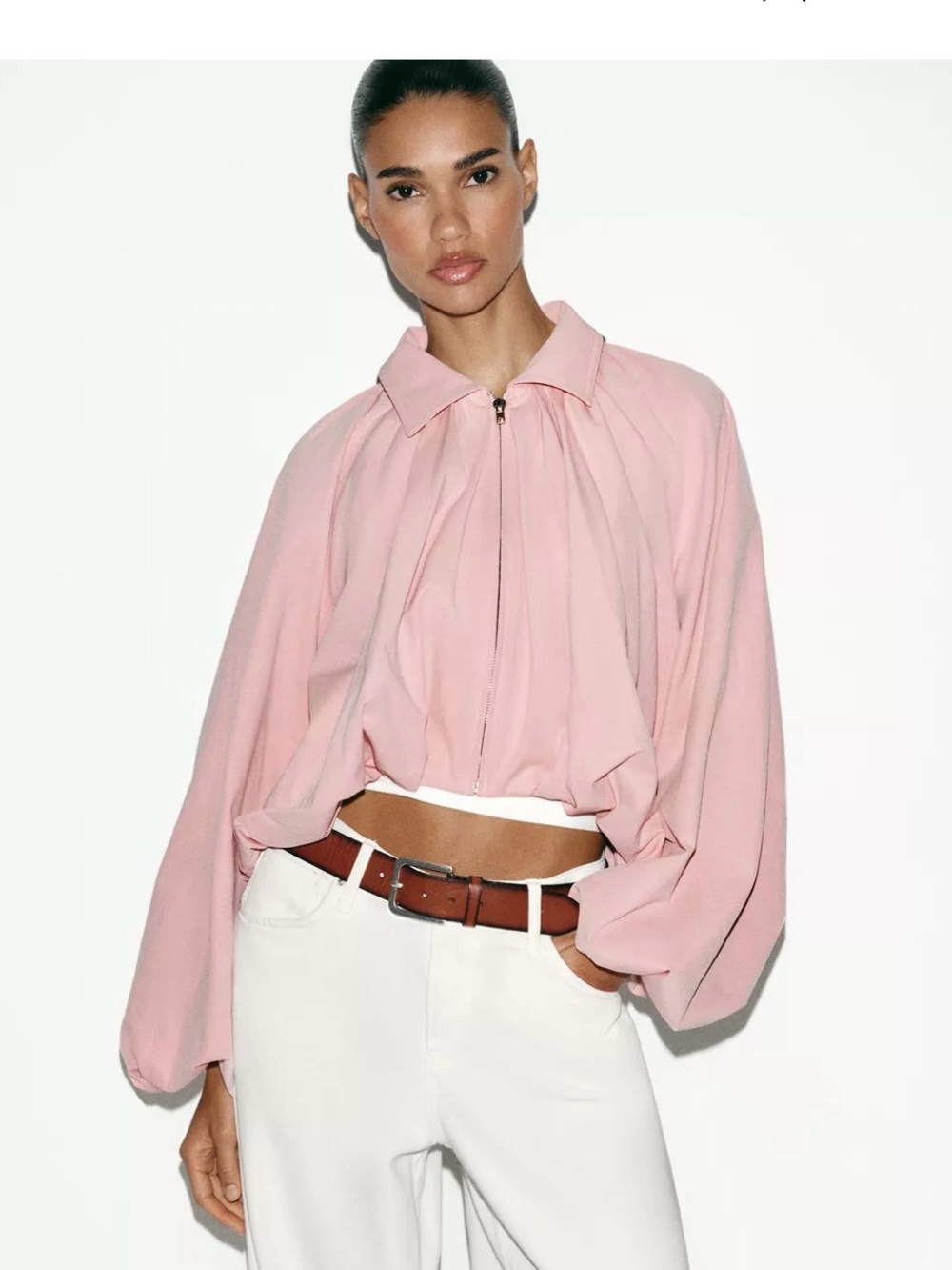 Zara Women's Pink Zip-Front Balloon bomber jacket.
